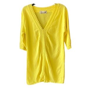 Seaspice Yellow Peruvian Cotton V Neck Swim Cover Medium Crocheted Beachy Boho